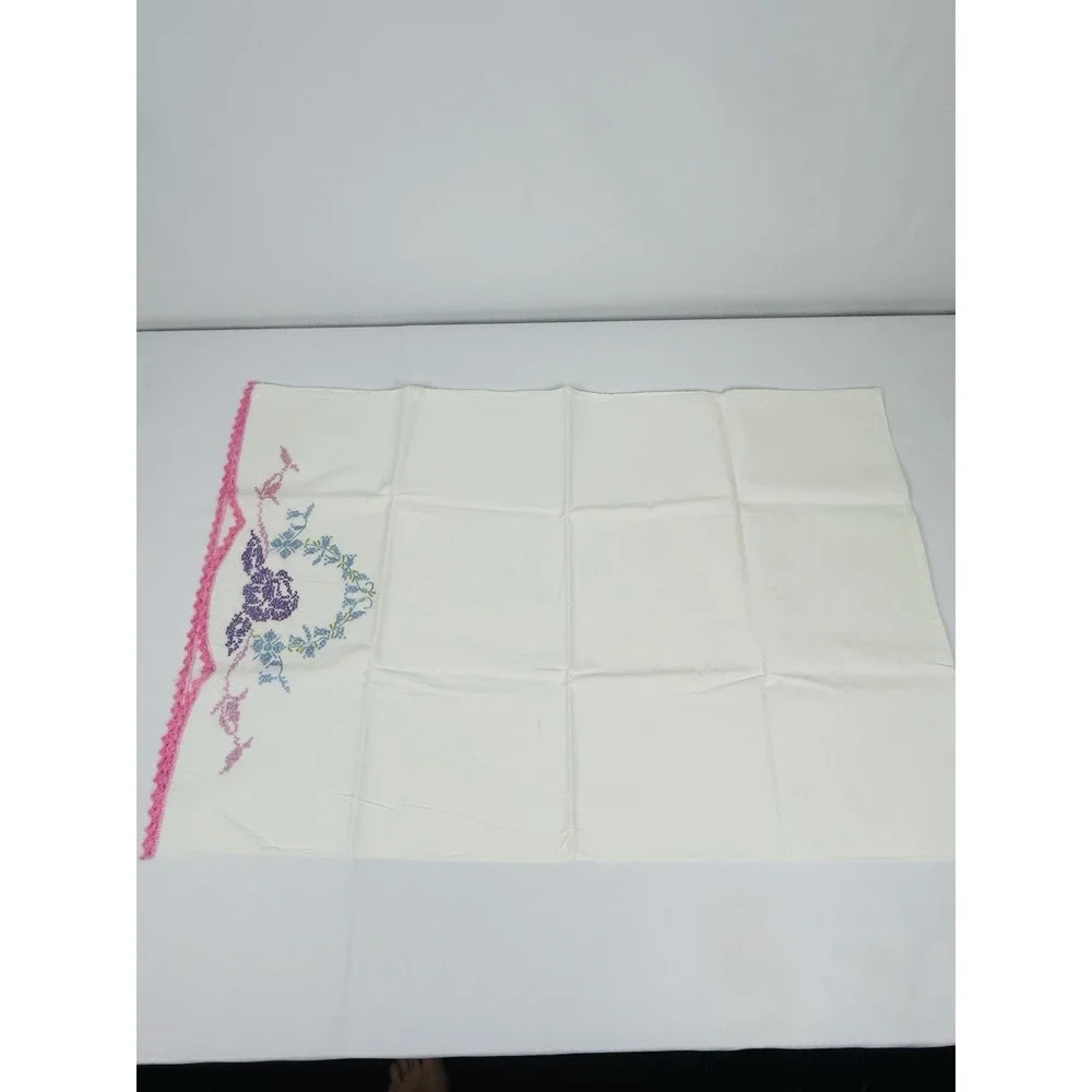 Vintage Cross Stitched Pillowcases White w/Pink Purple Blue Floral 30 x 20